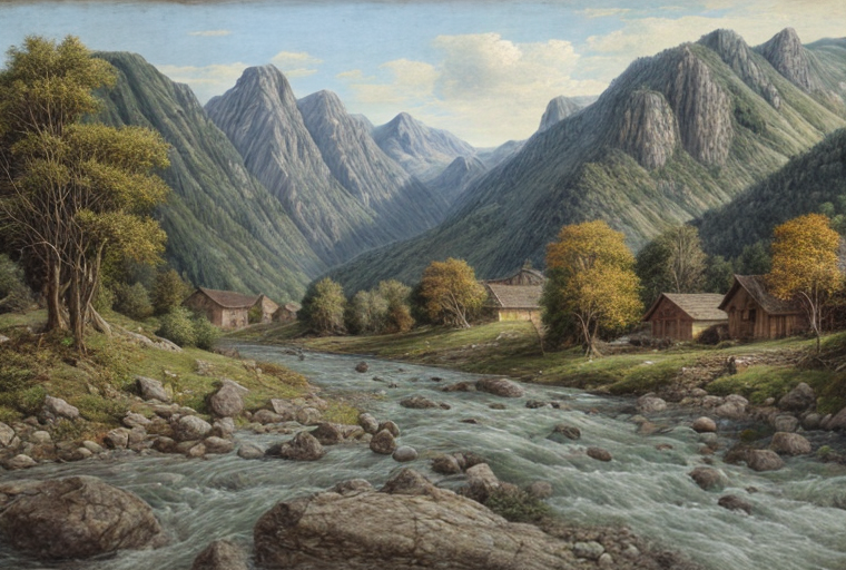 Image generated with prompt: Mountainous landscape with a river, village backround.