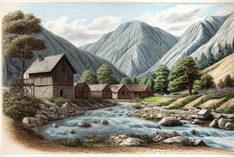Image generated with prompt: Mountainous landscape with a river, village backround, pencil sketch.