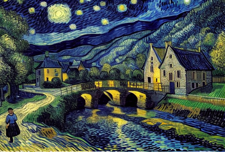 Image generated with prompt: Mountainous landscape with a river, village backround, starry night, style Vincent van Gogh.