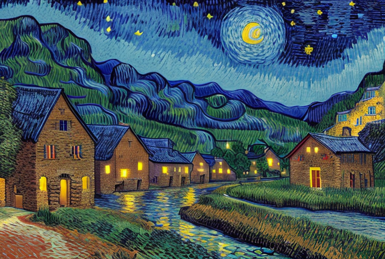 Image generated with prompt: Mountainous landscape with a river, (village:1.9) background, starry night, Ruby Red, moon light, style Vincent van Gogh.