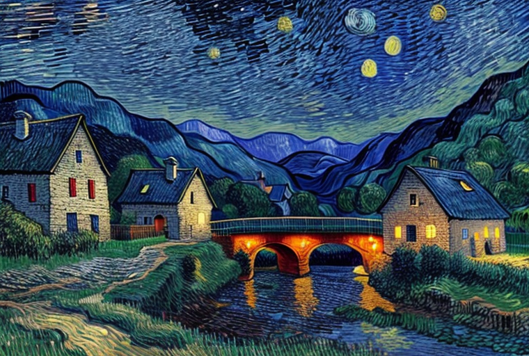 Image generated with prompt: Mountainous landscape with a river, village background, starry night, Ruby Red, moon light, style Vincent van Gogh.