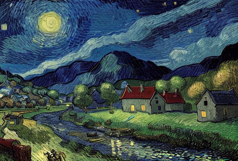 Image generated with negative prompt: bridge and with prompt: Mountainous landscape with a river, village background, starry night, Ruby Red, moon light, style Vincent van Gogh.