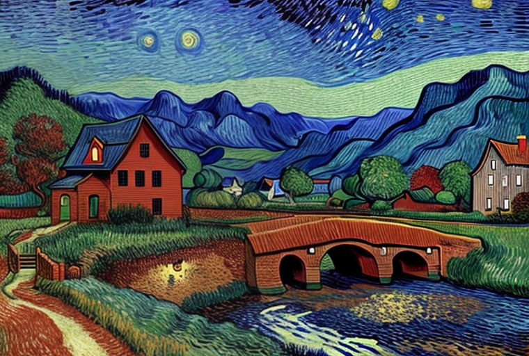 Image generated with prompt: Mountainous landscape with a river, village backround, starry night, ruby red, style Vincent van Gogh.